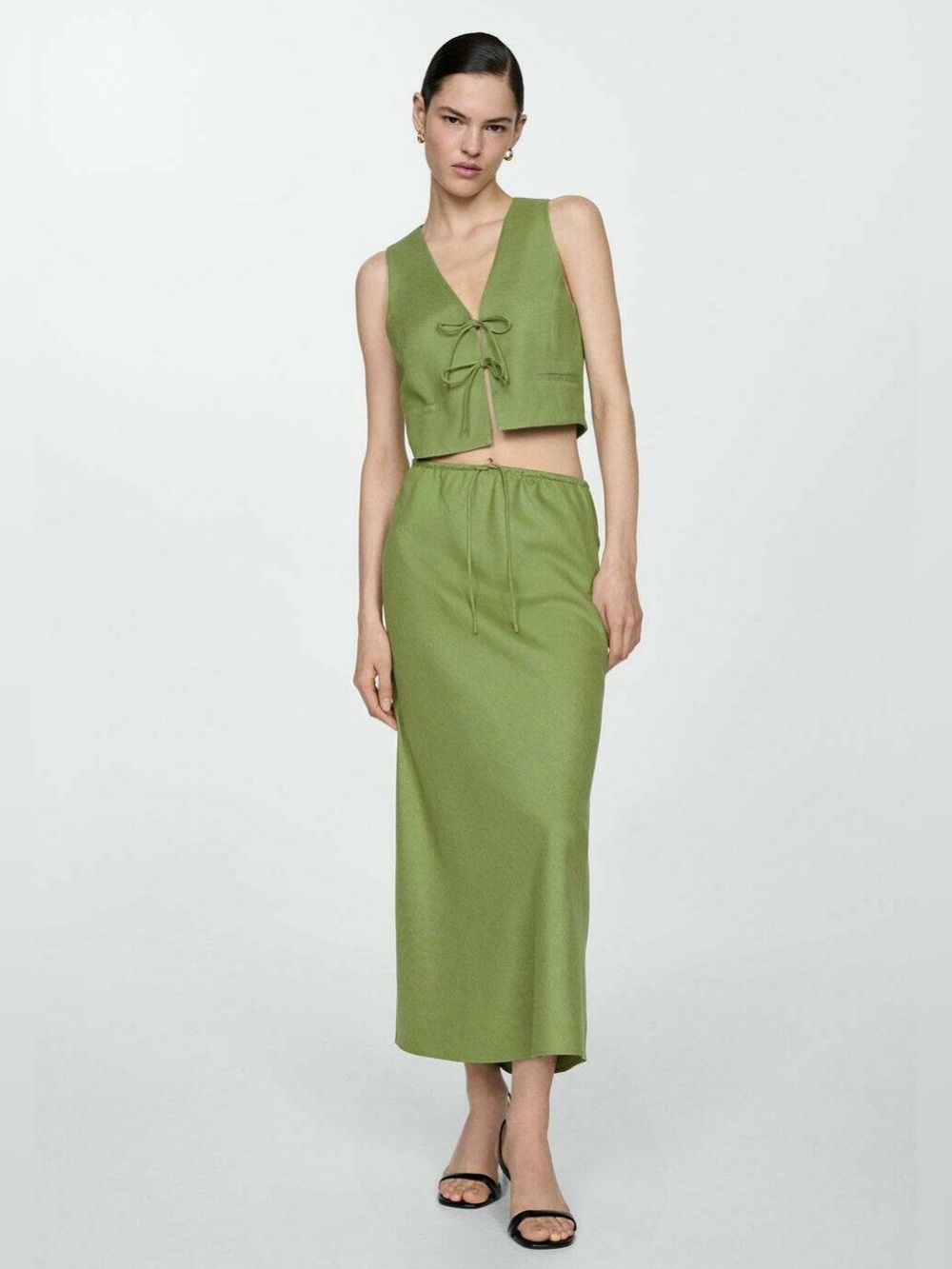 Mango mng Olive Green Drawstring Waist Midi Skirt linen cotton bohemian chic xl